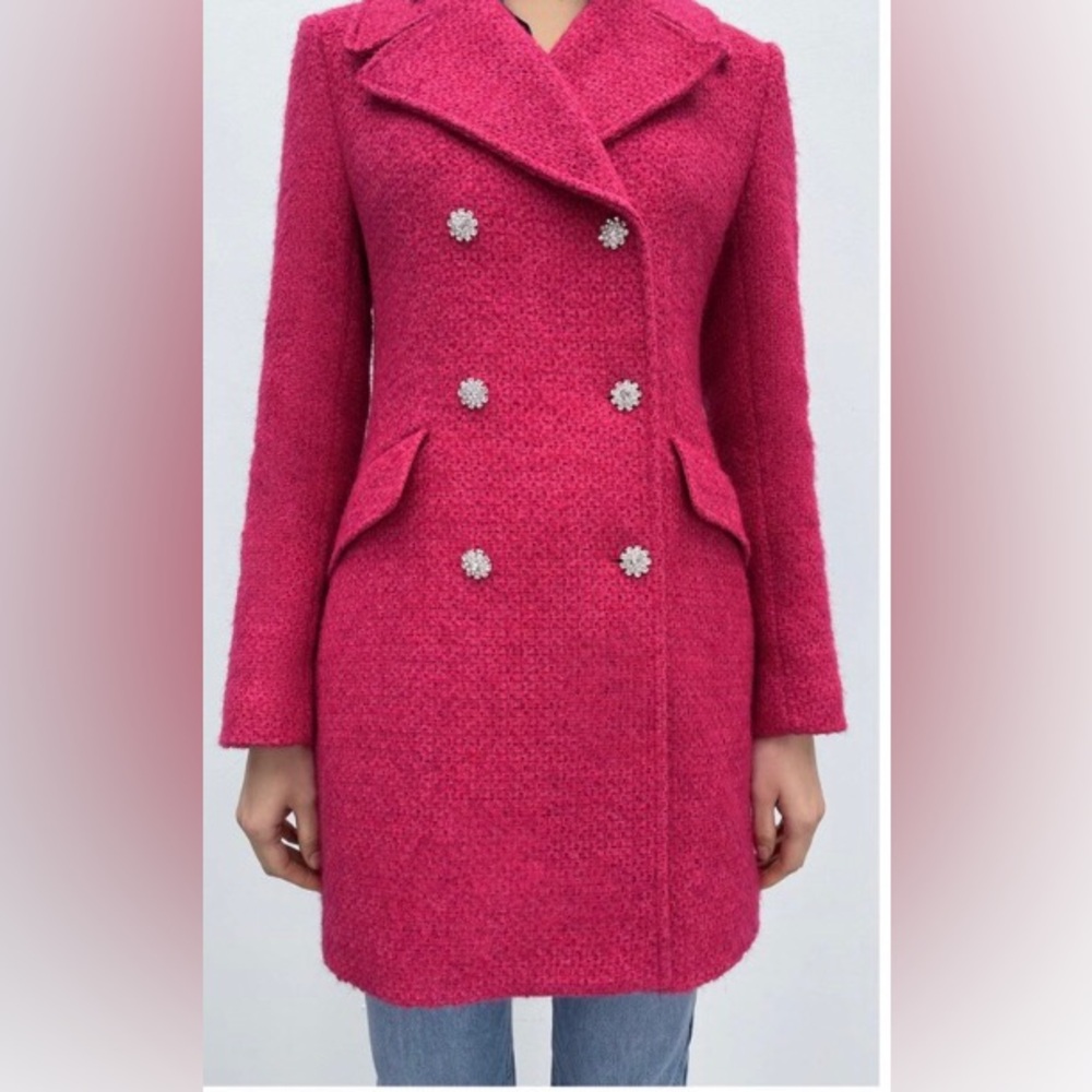 ZARA TWEED FANTASY PEACOAT BLAZER JACKET PINK SMALL